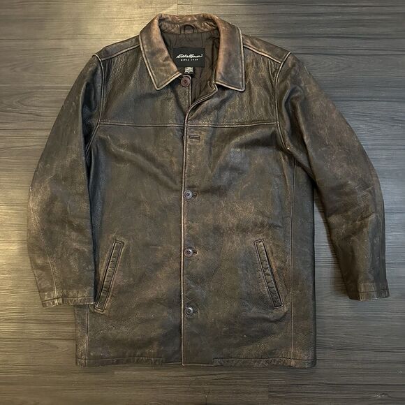 VTG Eddie Bauer Coat Distressed Leather Quilted Lined Heavy Brown Men’s Size XL